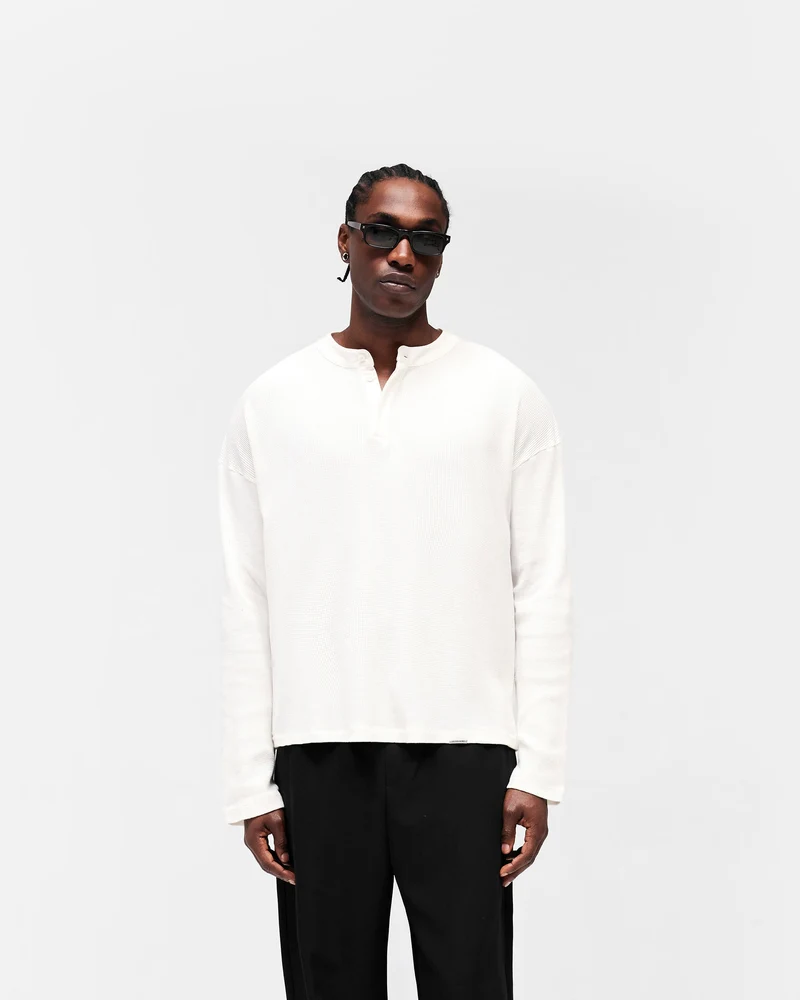 Initial Henley Waffle Long Sleeve T-Shirt - Flat White