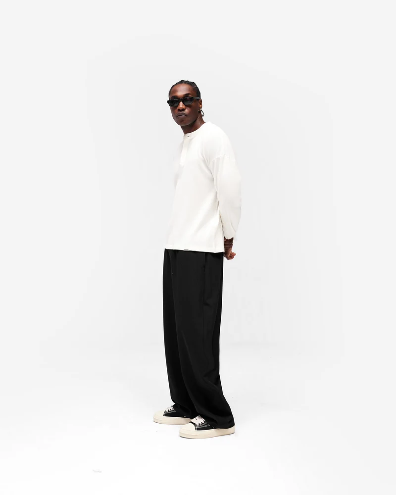 Initial Henley Waffle Long Sleeve T-Shirt - Flat White