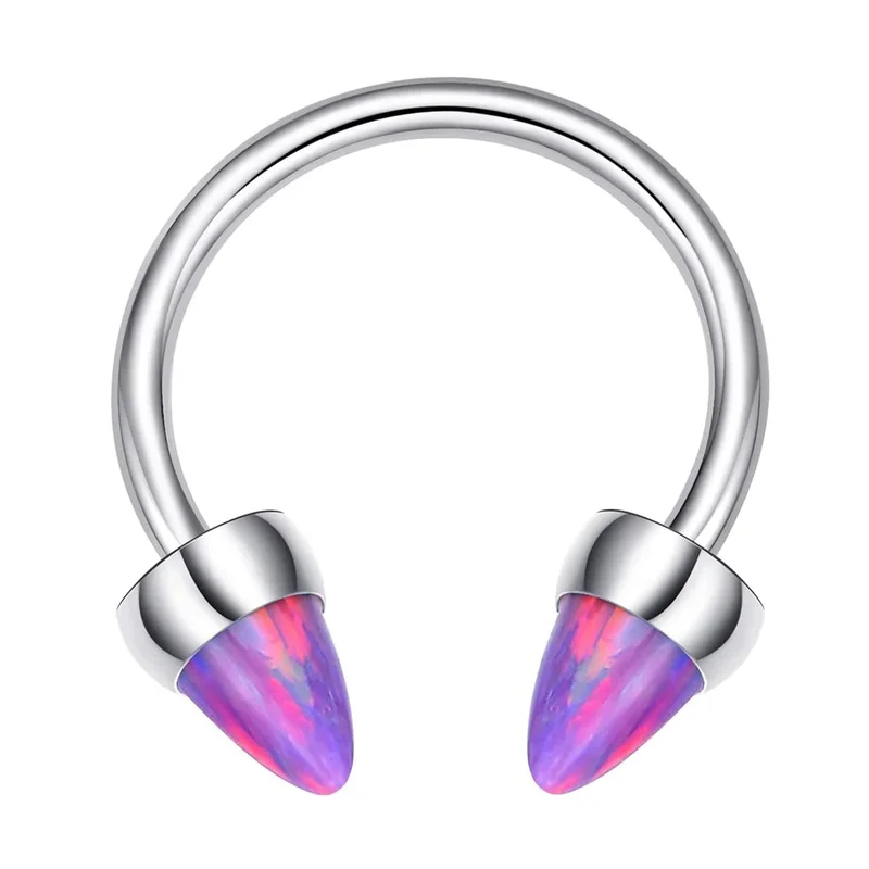 Opal nose hoop with spikes titanium septum ring horseshoe barbell 16G blue opal white opal purple opal