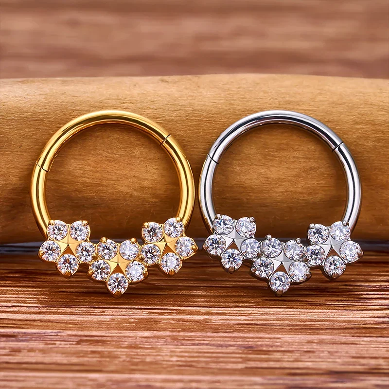 Flower septum ring 16G gold and silver titanium with CZ stones daith piercing jewelry nose rings