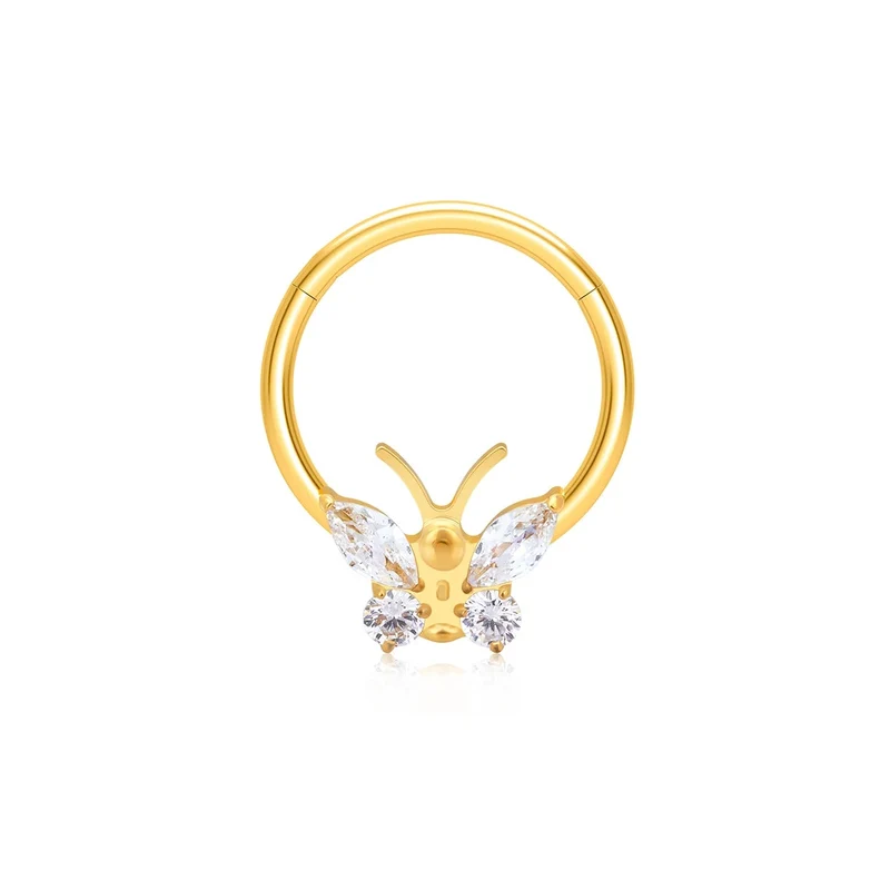 Butterfly nose ring gold silver with CZ stones septum piercing titanium nose clicker