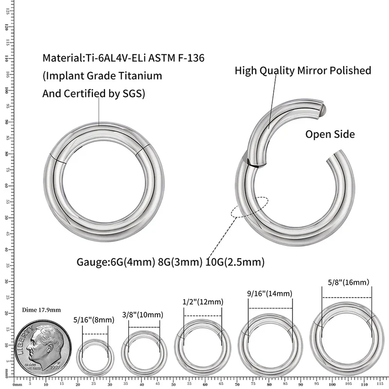 Large gauge piercing septum piercing implant-grade titanium 2G 4G 6G 8G 12G hinged segment ring