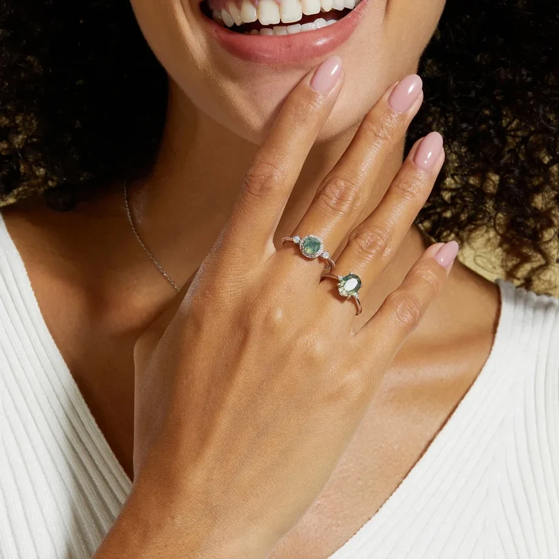 Oval moss agate engagement ring gold and silver with CZ stones green moss agate