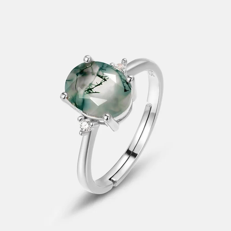 Oval moss agate engagement ring gold and silver with CZ stones green moss agate