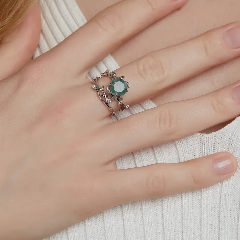 Moss agate leaf ring set wedding ring set sterling silver