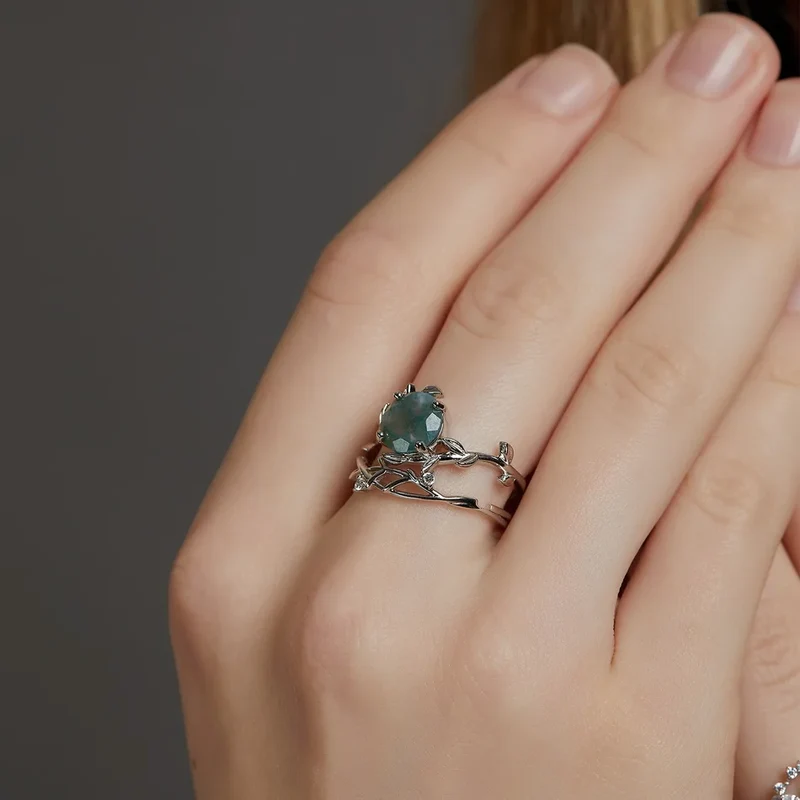 Moss agate leaf ring set wedding ring set sterling silver