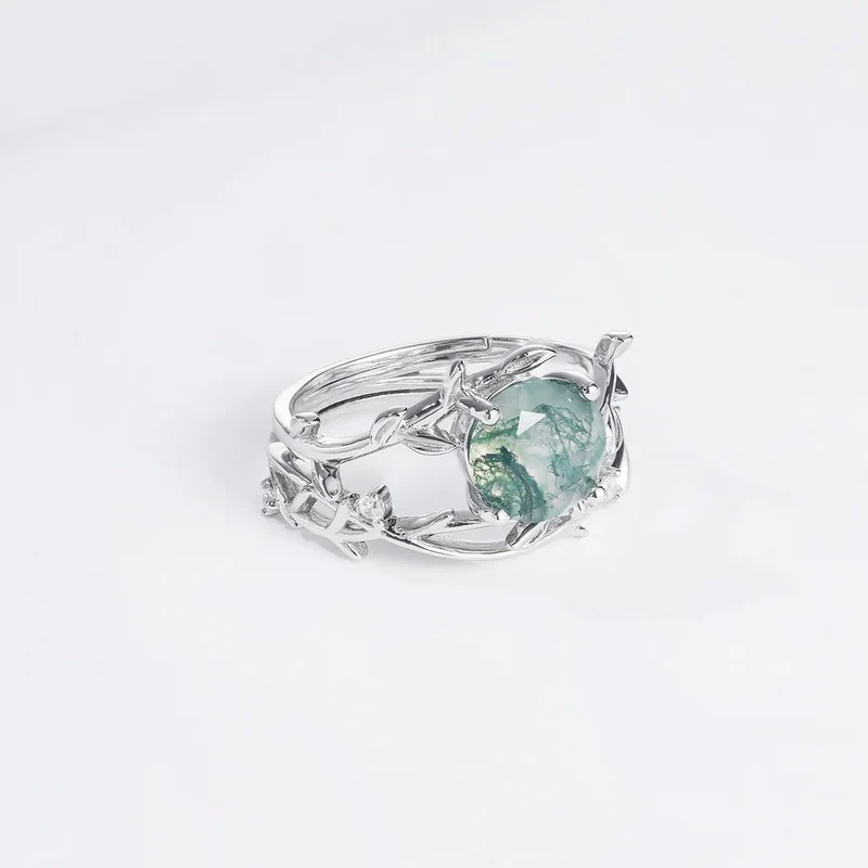 Moss agate leaf ring set wedding ring set sterling silver