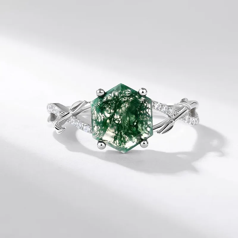 Hexagon moss agate ring sterling silver natural green moss agate