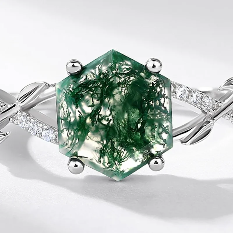 Hexagon moss agate ring sterling silver natural green moss agate