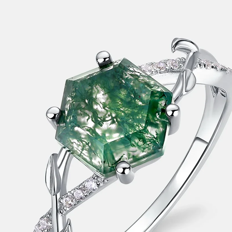 Hexagon moss agate ring sterling silver natural green moss agate