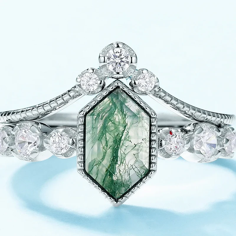 Moss agate engagement ring set with natural hexagon moss agate and sterling silver