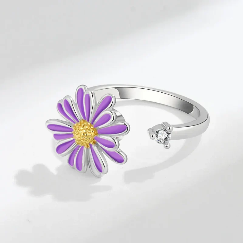 Flower spinner ring white purple sterling silver anxiety ring