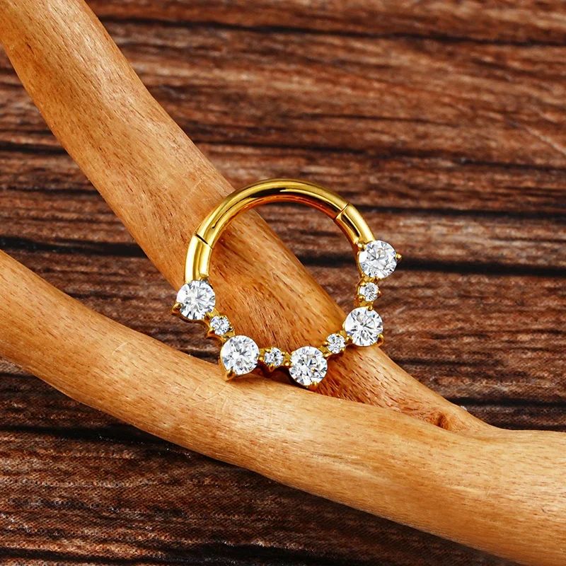 Cute daith piercing with diamond cz made of titanium gold and silver septum ring