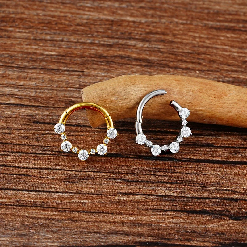 Cute daith piercing with diamond cz made of titanium gold and silver septum ring