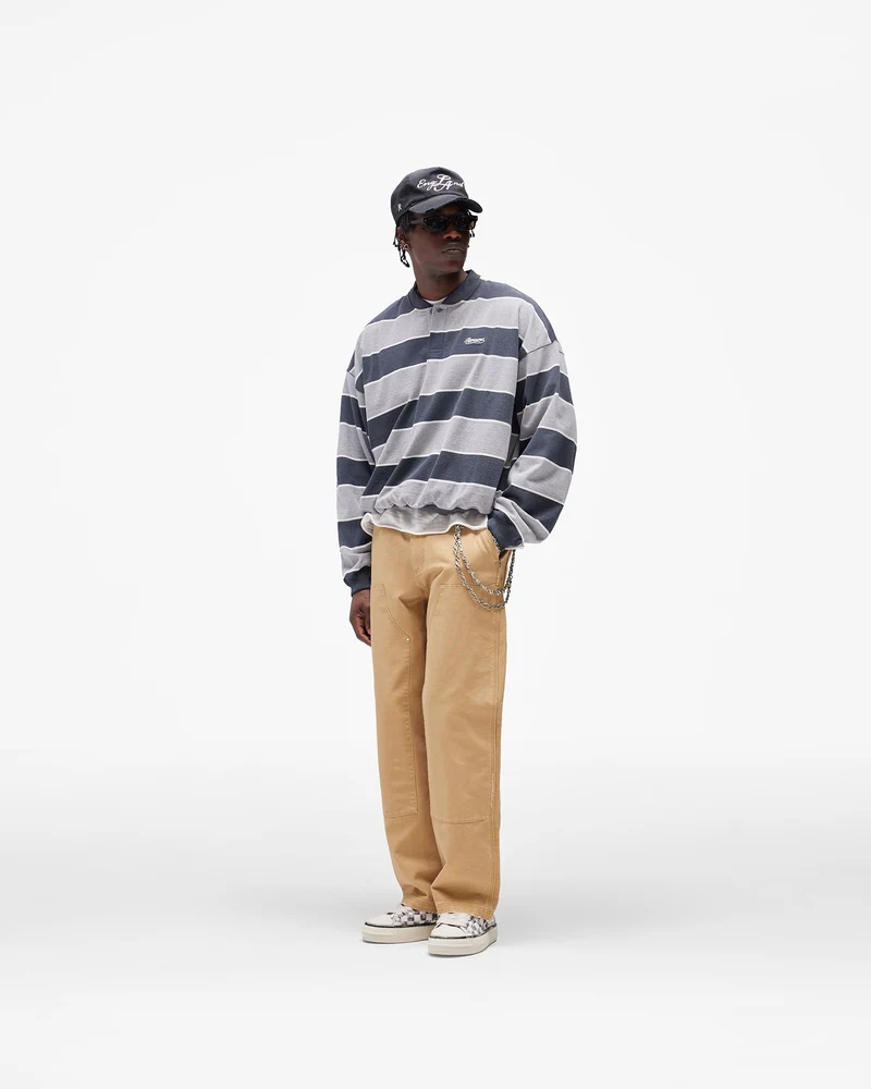 California Striped Henley Sweater - Jet Black Grey Marl