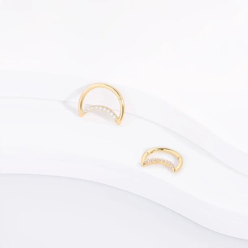 Half moon hoop earring with clear CZ stones 14K gold nose hoop half moon piercing