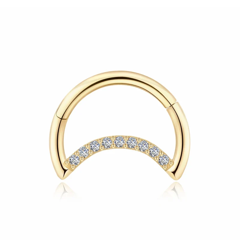 Half moon hoop earring with clear CZ stones 14K gold nose hoop half moon piercing