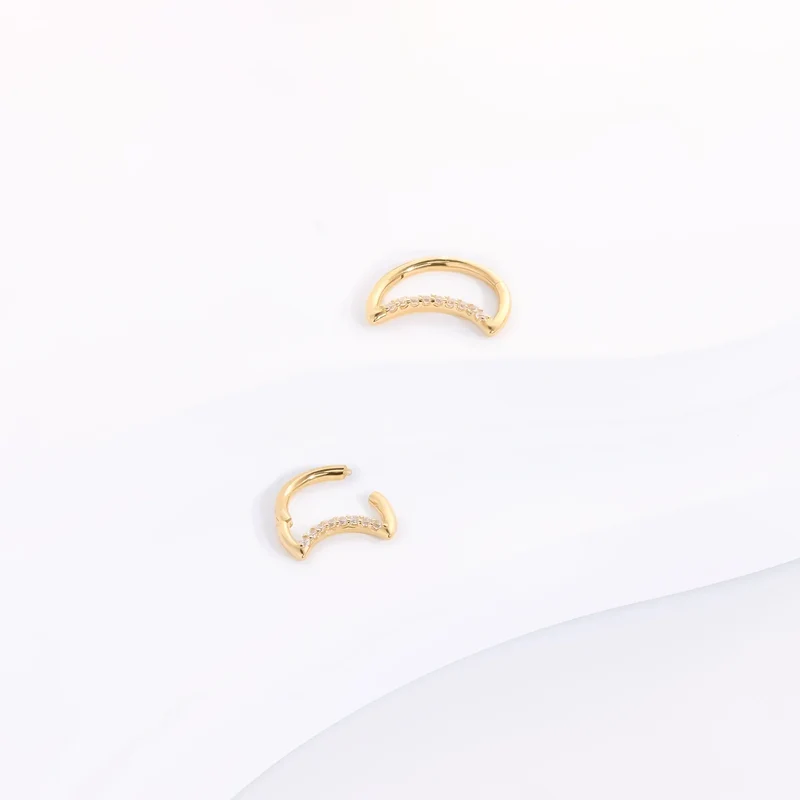 Half moon hoop earring with clear CZ stones 14K gold nose hoop half moon piercing
