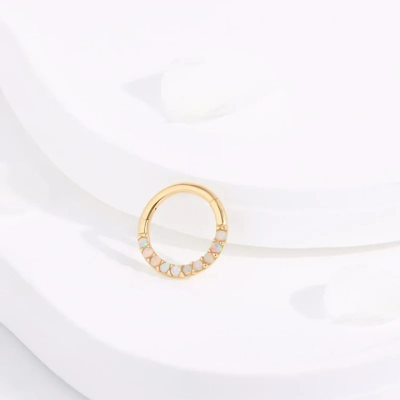 Opal nose piercing 14K gold opal hoop earring hinged segment clicker septum ring daith piercing