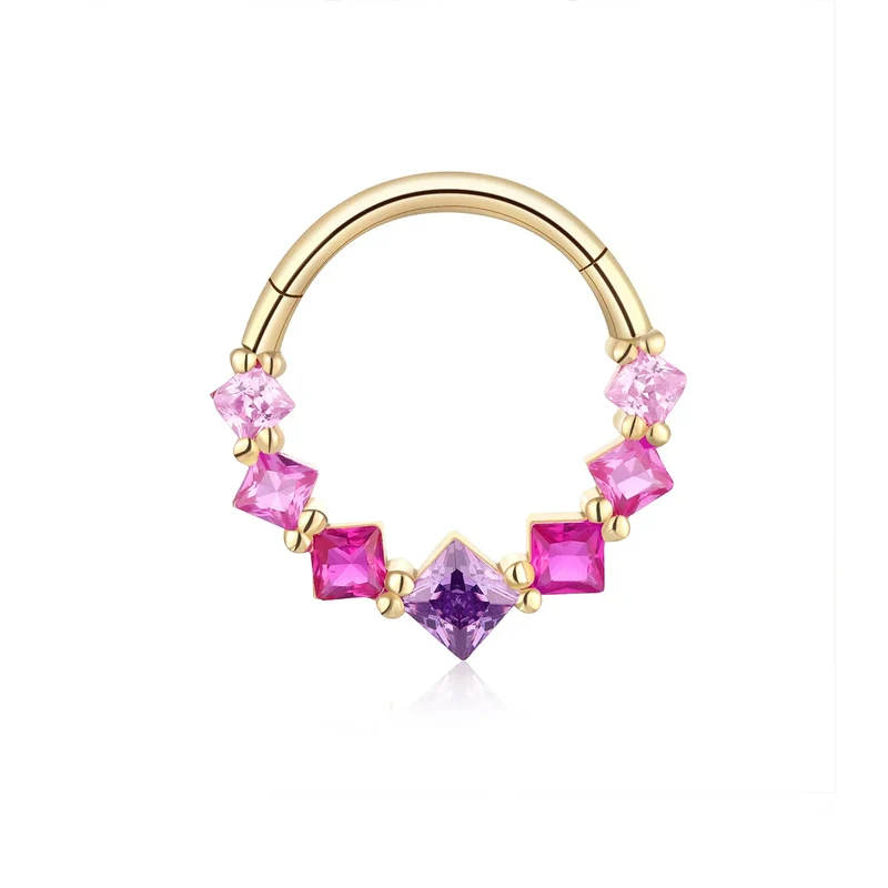 Real gold septum ring with pink blue CZ stones pretty and cute 14K gold nose ring