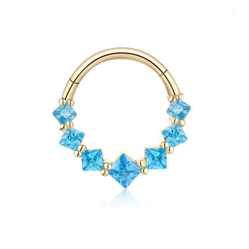 Real gold septum ring with pink blue CZ stones pretty and cute 14K gold nose ring