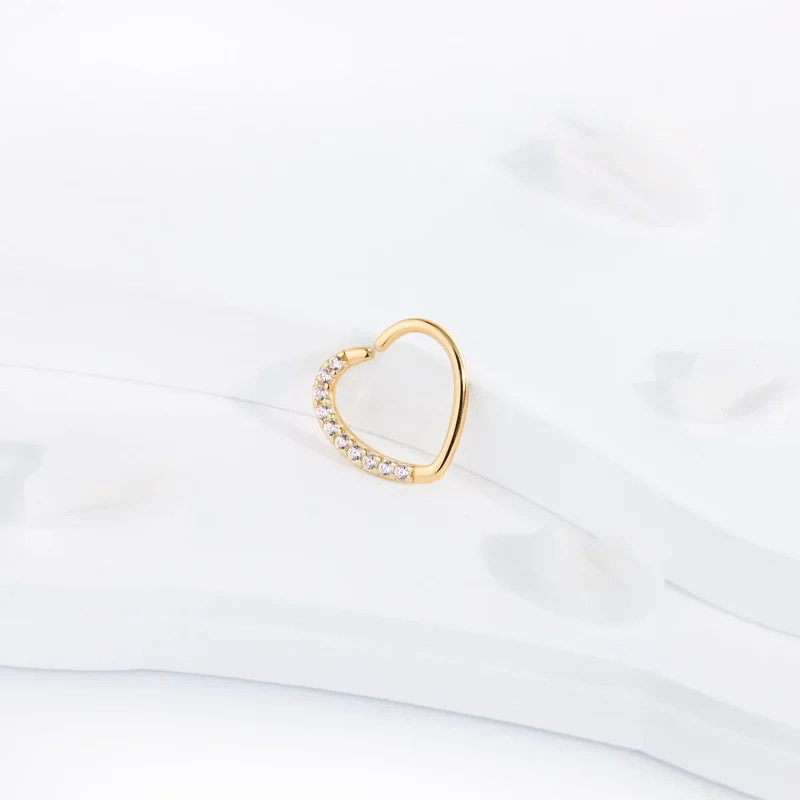 14k gold heart ring with diamonds daith earring with clear CZ stones solid gold