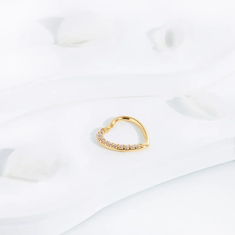 14k gold heart ring with diamonds daith earring with clear CZ stones solid gold