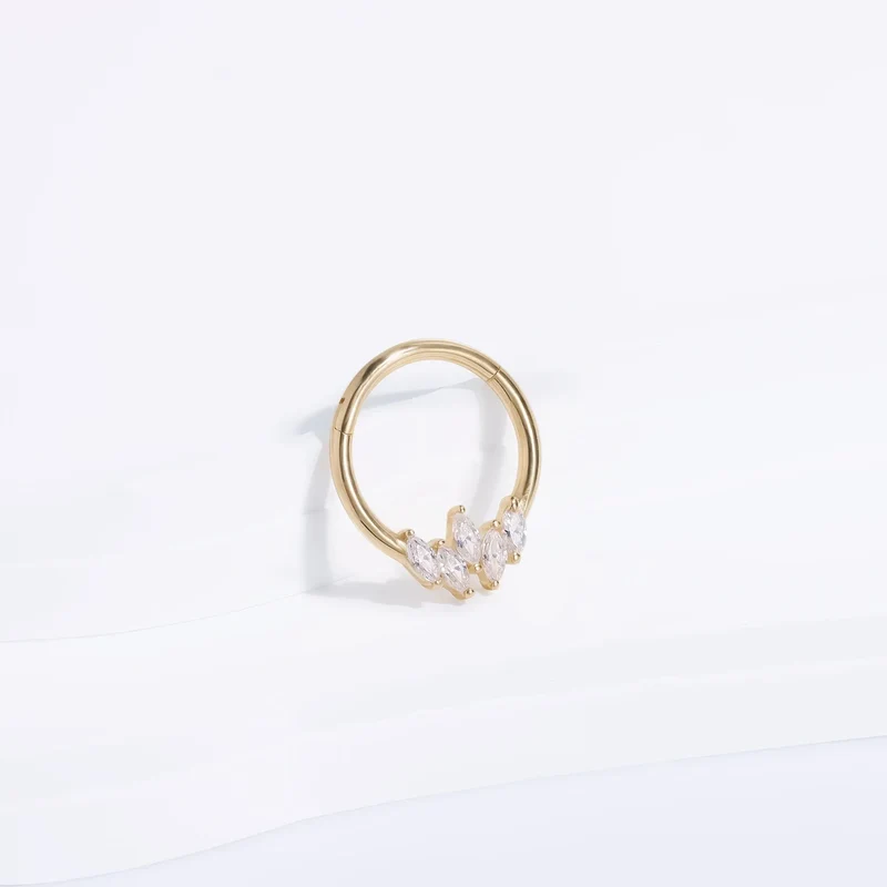 14k gold septum ring with clear CZ stones solid gold hinged segment clicker ring nose ring 16G