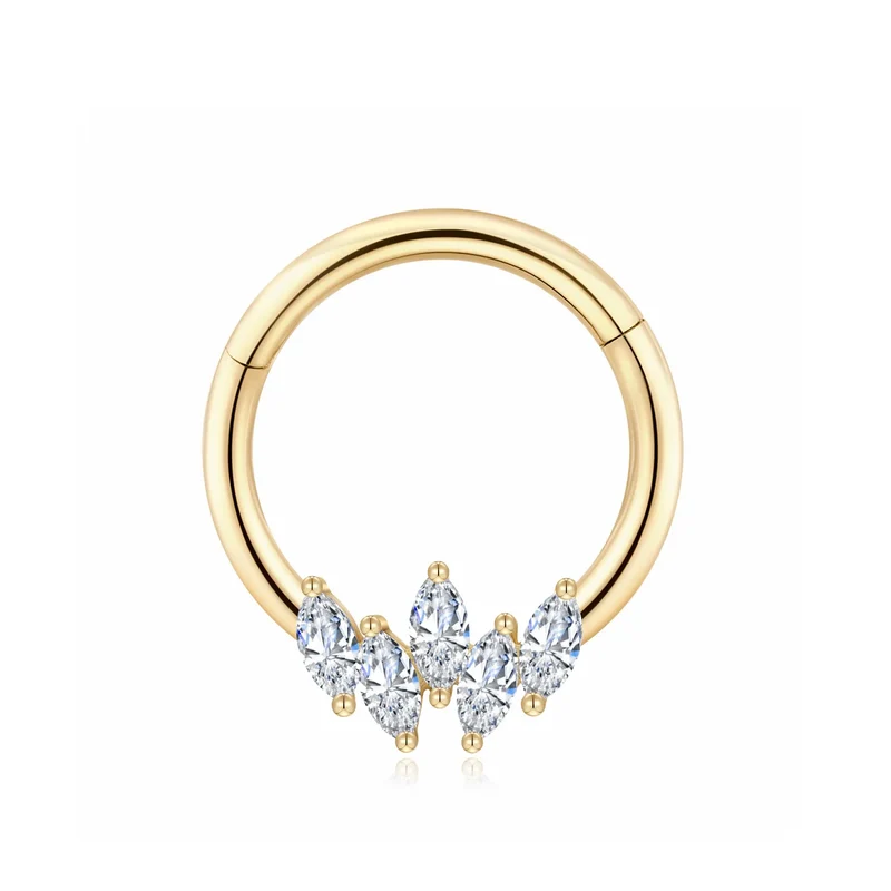 14k gold septum ring with clear CZ stones solid gold hinged segment clicker ring nose ring 16G