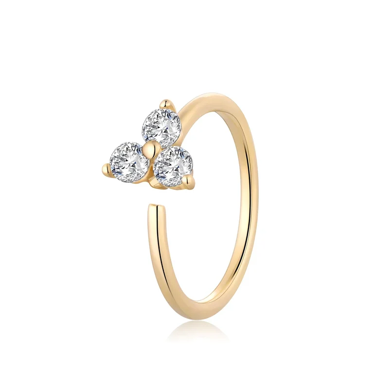 14K gold nose ring with diamond 3 dots clear CZ stones seamless ring