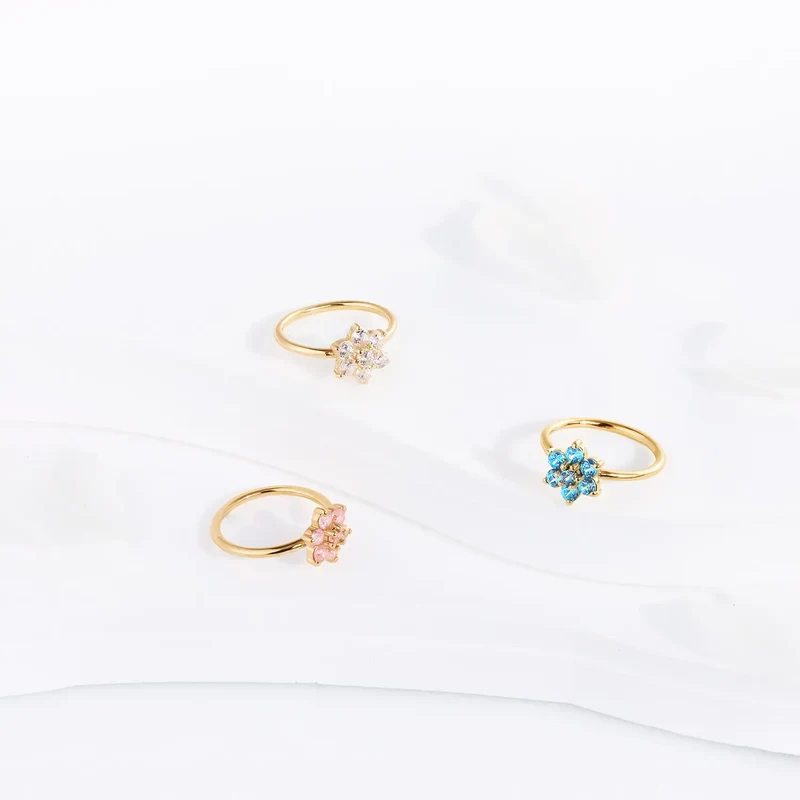 Flower nose ring 14K gold nose piercing with diamond 20G cute nose hoop