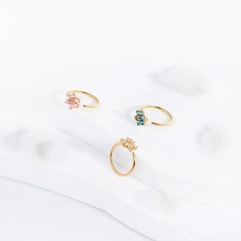 Flower nose ring 14K gold nose piercing with diamond 20G cute nose hoop