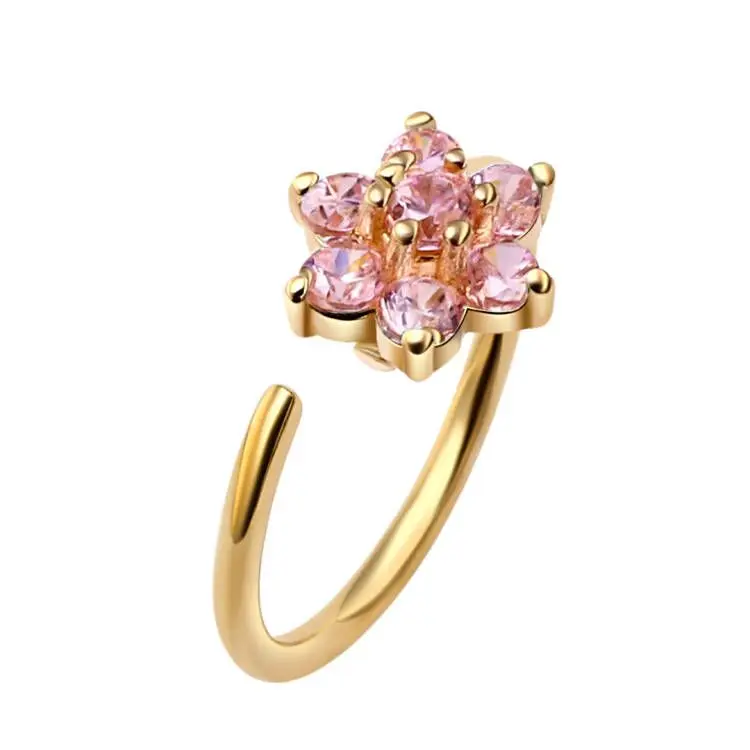 Flower nose ring 14K gold nose piercing with diamond 20G cute nose hoop