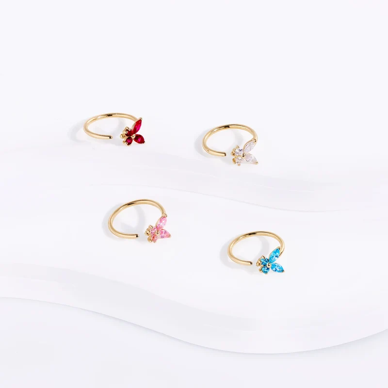 Solid gold nose ring with a butterfly 14K real gold cute butterfly nose ring 20G