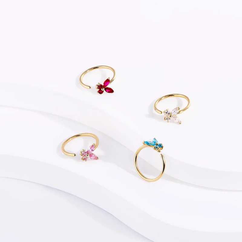 Solid gold nose ring with a butterfly 14K real gold cute butterfly nose ring 20G
