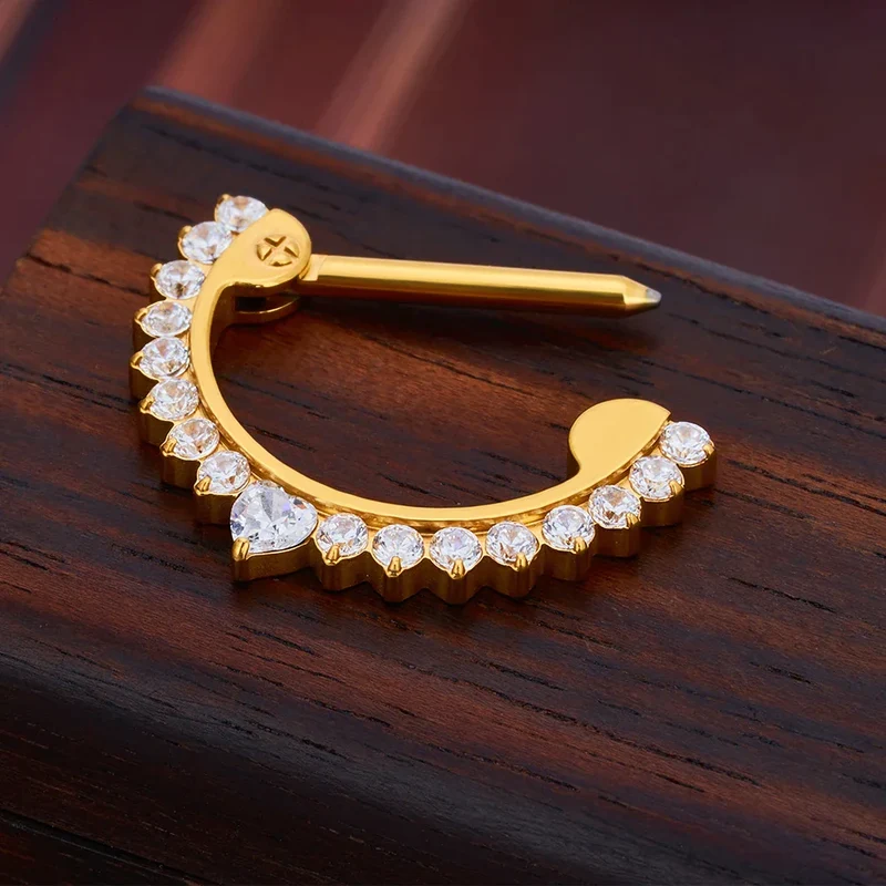 Half-circle nipple ring 14g gold and silver with CZ stones implant-grade titanium 1 piece