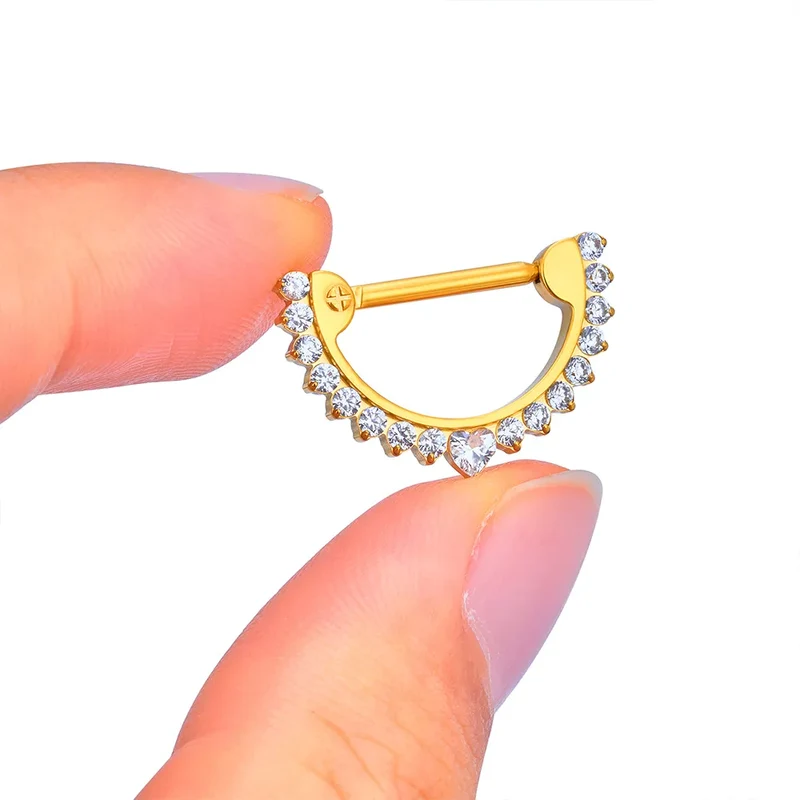 Half-circle nipple ring 14g gold and silver with CZ stones implant-grade titanium 1 piece