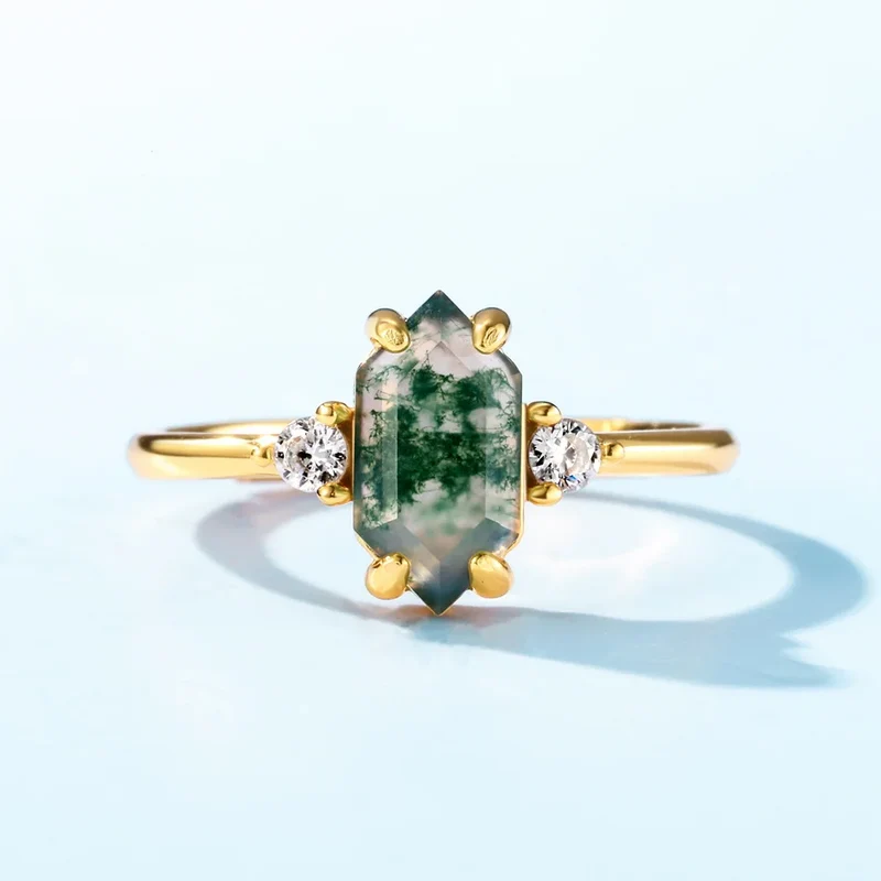 Moss agate ring natural green gemstone sterling silver adjustable sizes