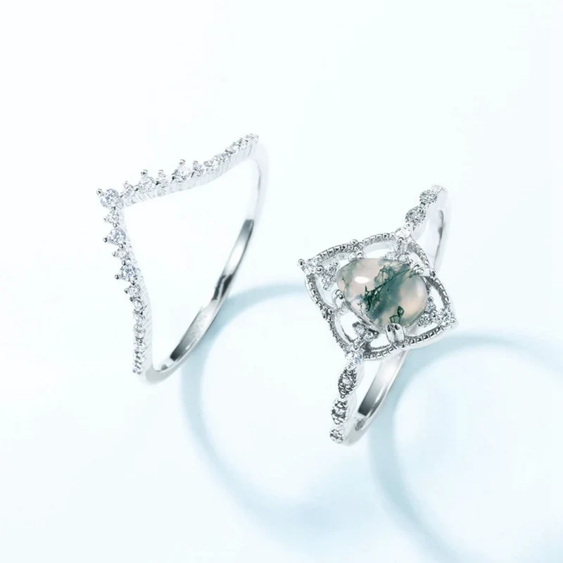 Matching moss agate rings vintage style engagement rings wedding rings
