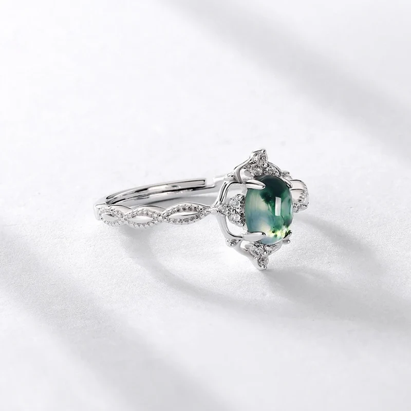 Vintage style moss agate ring natural green moss agate sterling silver