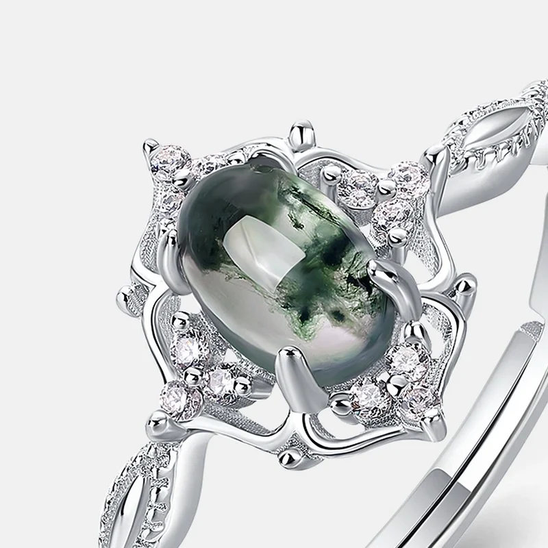 Vintage style moss agate ring natural green moss agate sterling silver