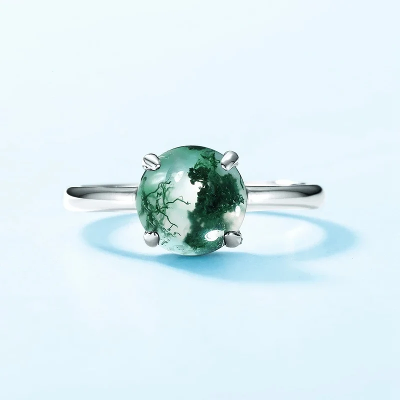 Simple moss agate ring dainty and classic with a round gemstone