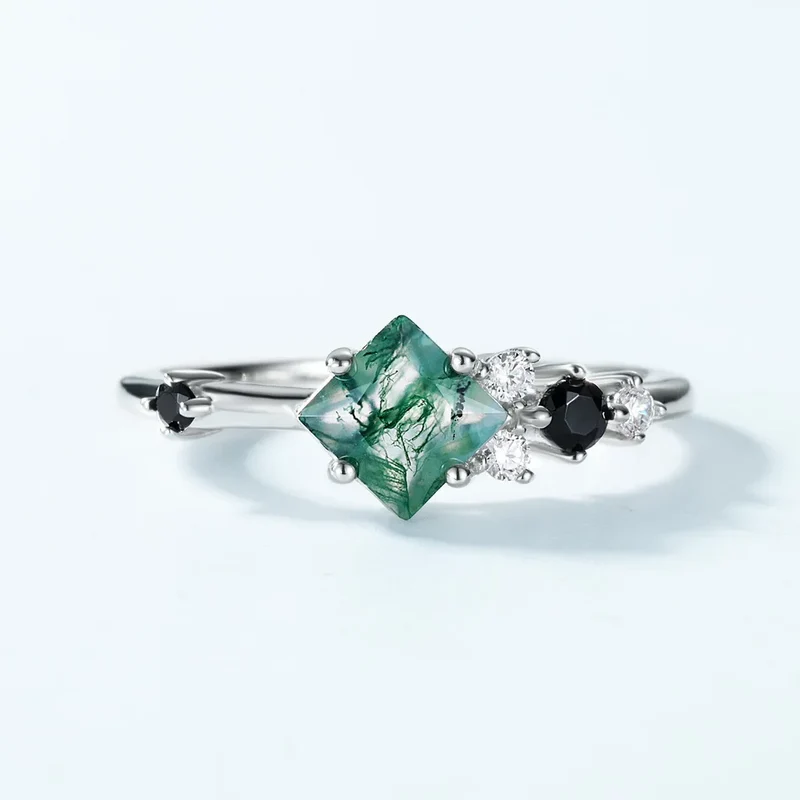Moss agate stone ring with black CZ stones dainty and elegant for women
