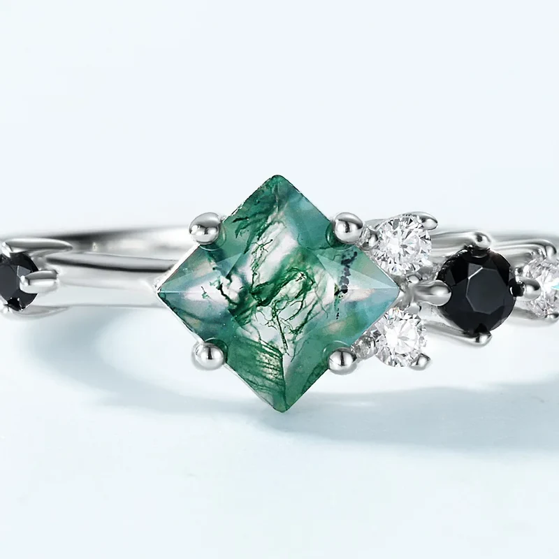 Moss agate stone ring with black CZ stones dainty and elegant for women