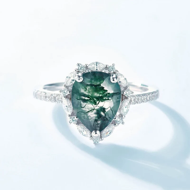 Green moss agate engagement ring sterling silver natural gemstone ring