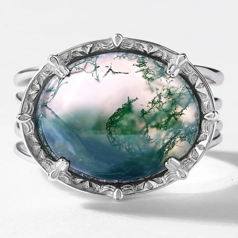 Large moss agate ring sterling silver open ring for women and for men vintage style