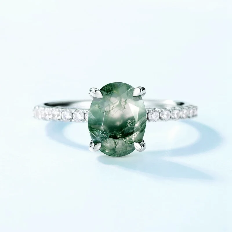 Moss agate crystal ring oval cut sterling silver natural green moss agate