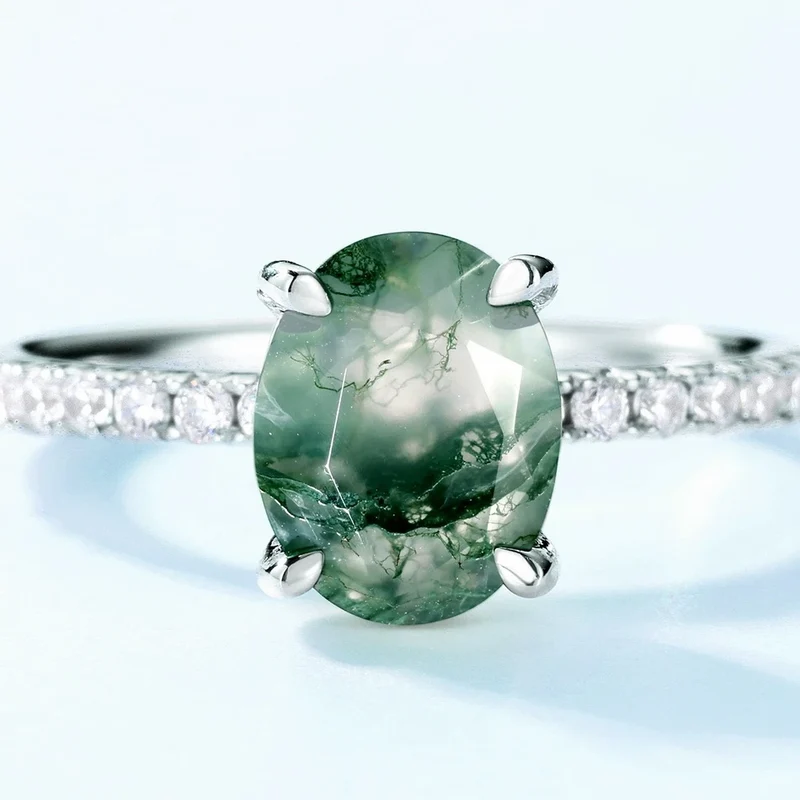 Moss agate crystal ring oval cut sterling silver natural green moss agate