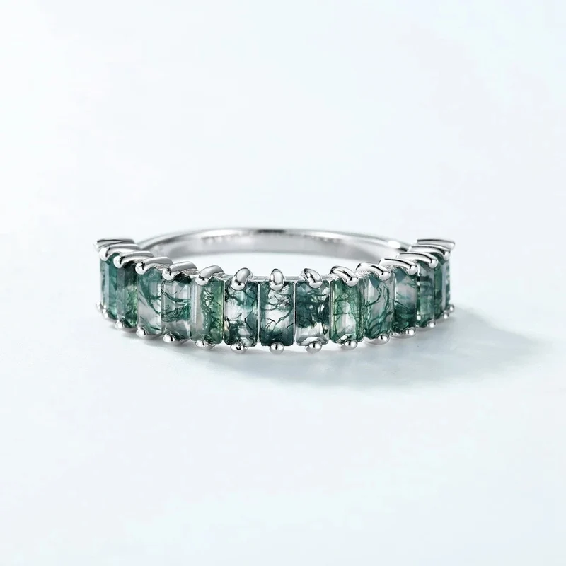 Moss agate baguette ring half eternity ring sterling silver unique gemstone ring