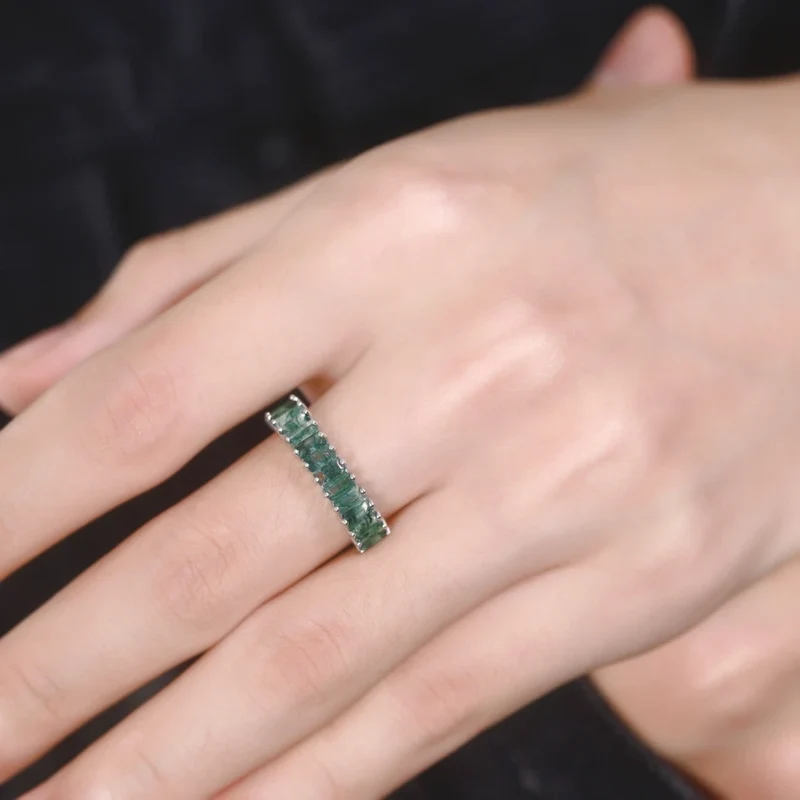 Moss agate baguette ring half eternity ring sterling silver unique gemstone ring